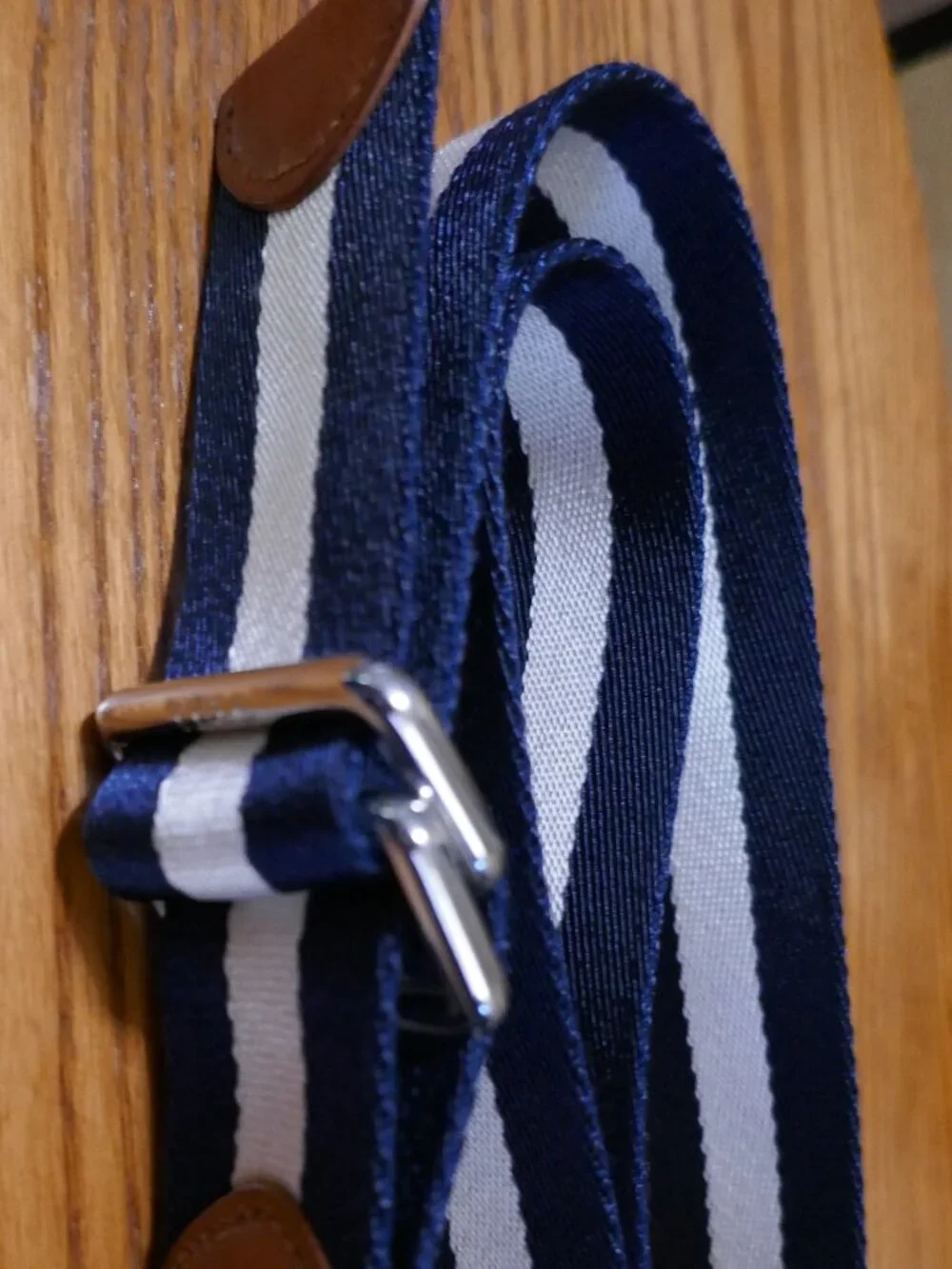 Polo Ralph Lauren Navy and White Striped Fabric Webbed Belt Leather Trim 42